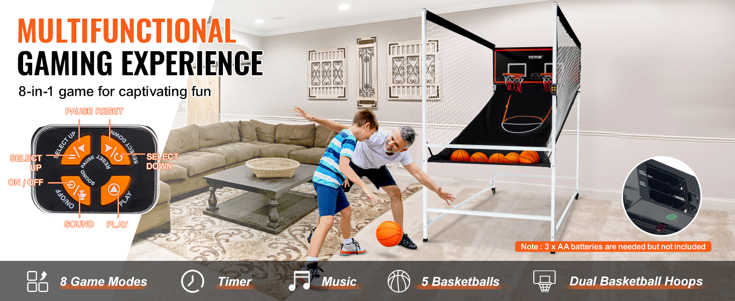VEVOR arcade basketball game in a living room, featuring 8 game modes, timer, music, and dual hoops.