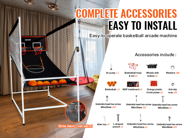 VEVOR arcade basketball game with complete accessories, easy to install, displayed in modern living room.