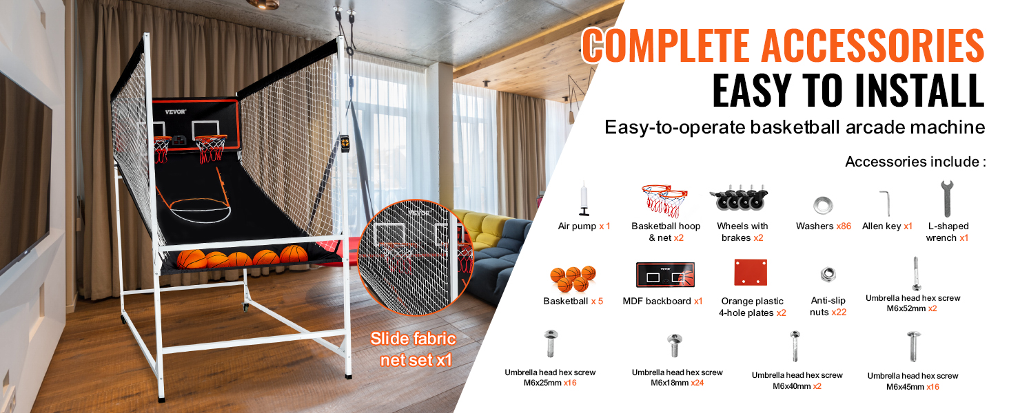 VEVOR arcade basketball game with complete accessories, easy to install, displayed in modern living room.