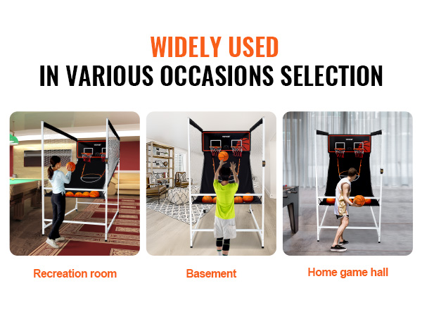 VEVOR arcade basketball game setup in a recreation room, basement, and home game hall.