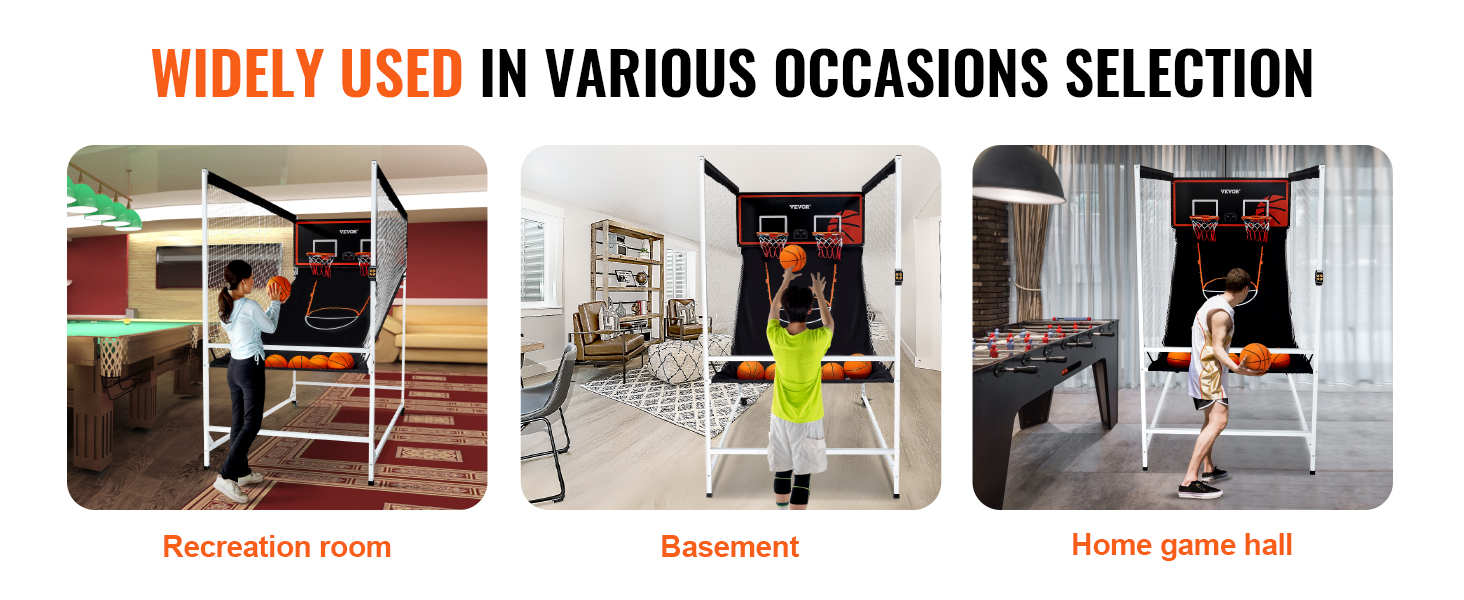 VEVOR arcade basketball game setup in a recreation room, basement, and home game hall.