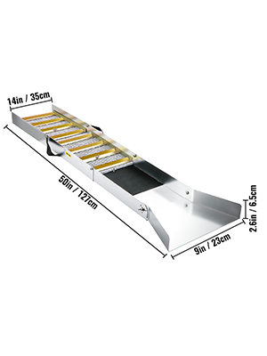 VEVOR folding aluminum sluice box with dimensions labeled: 50in x 9in x 2.6in.