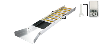 VEVOR folding aluminum sluice box with tools and scale.