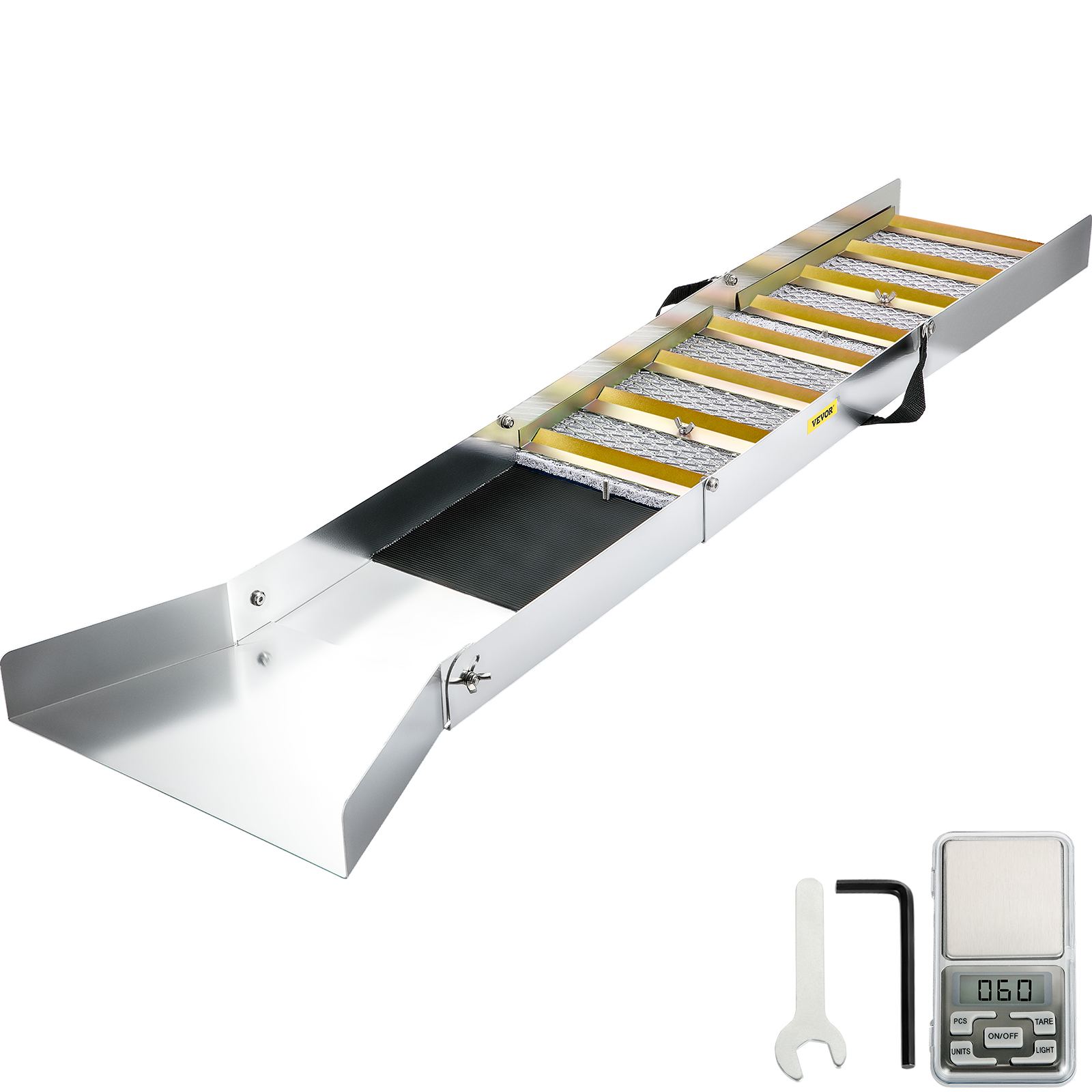 VEVOR folding aluminum sluice box with accessories, including a wrench and a digital scale.