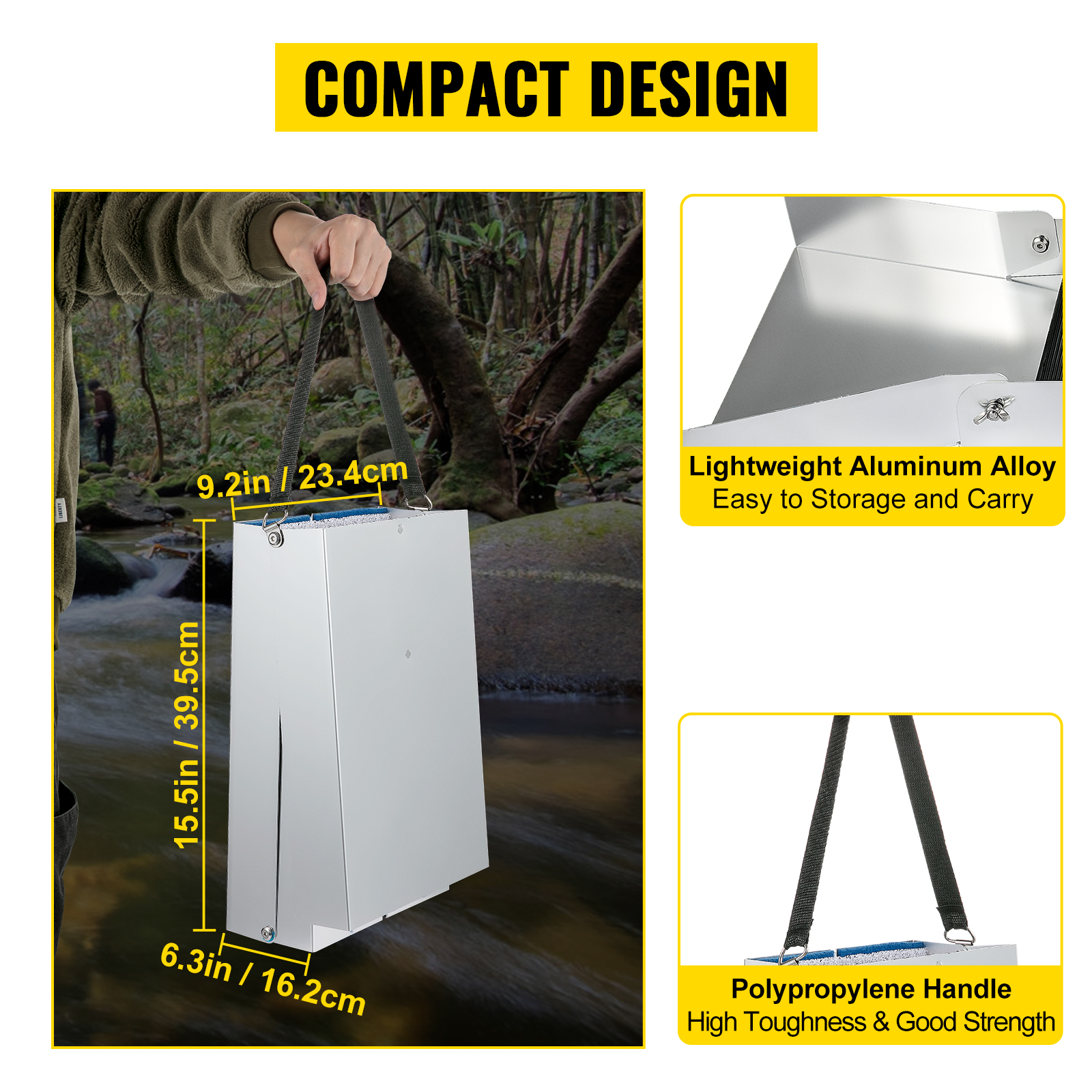 VEVOR folding aluminum sluice box with compact design and lightweight aluminum alloy.