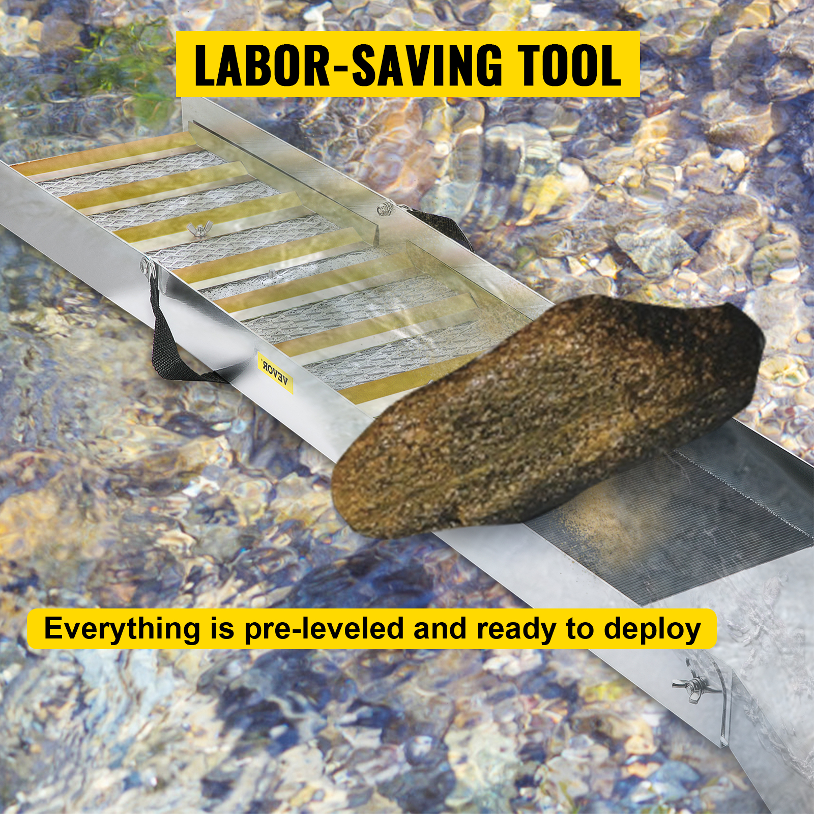 VEVOR folding aluminum sluice box in water, labeled 'labor-saving tool'.