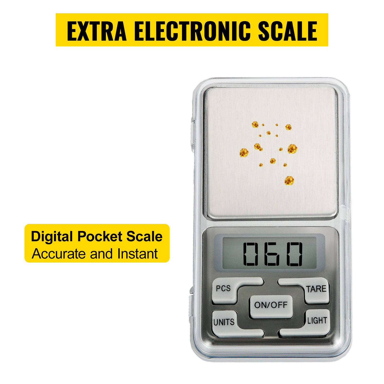 digital pocket scale displaying accurate measurements with gold nuggets and easy-to-use buttons.