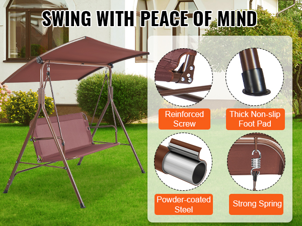 VEVOR patio swing chair with reinforced screws, non-slip foot pads, powder-coated steel, and strong springs.