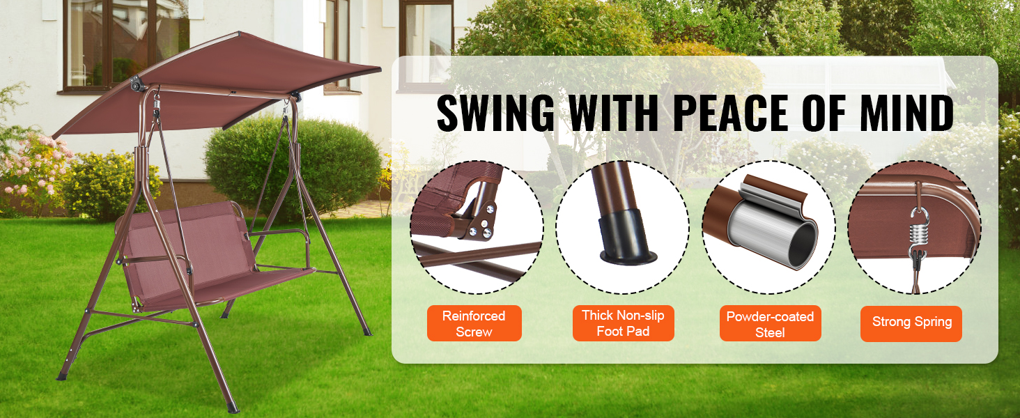 VEVOR patio swing chair with reinforced screws, non-slip foot pads, powder-coated steel, and strong springs.