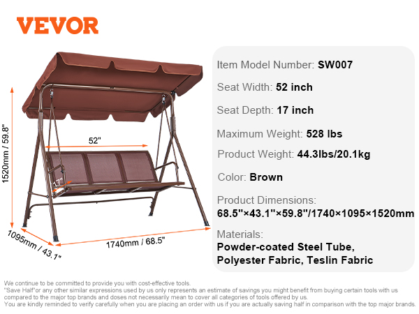 VEVOR patio swing chair with brown canopy, dimensions 68.5"x43.1"x59.8", supports up to 528 lbs.