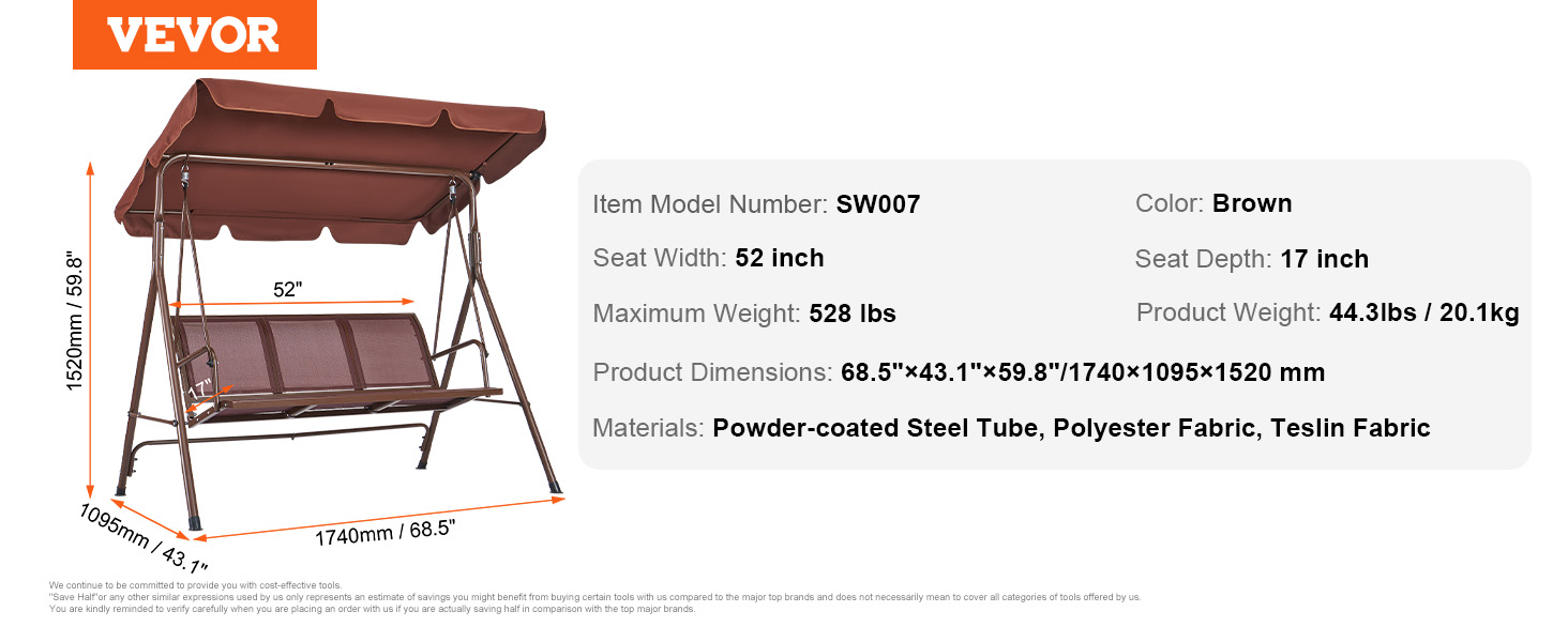 VEVOR patio swing chair with brown canopy, dimensions 68.5"x43.1"x59.8", supports up to 528 lbs.