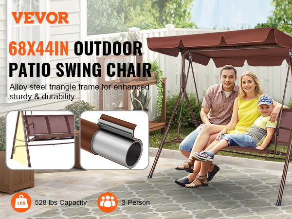 VEVOR patio swing chair for three people with canopy, 528 lbs capacity, steel frame, and brown color.
