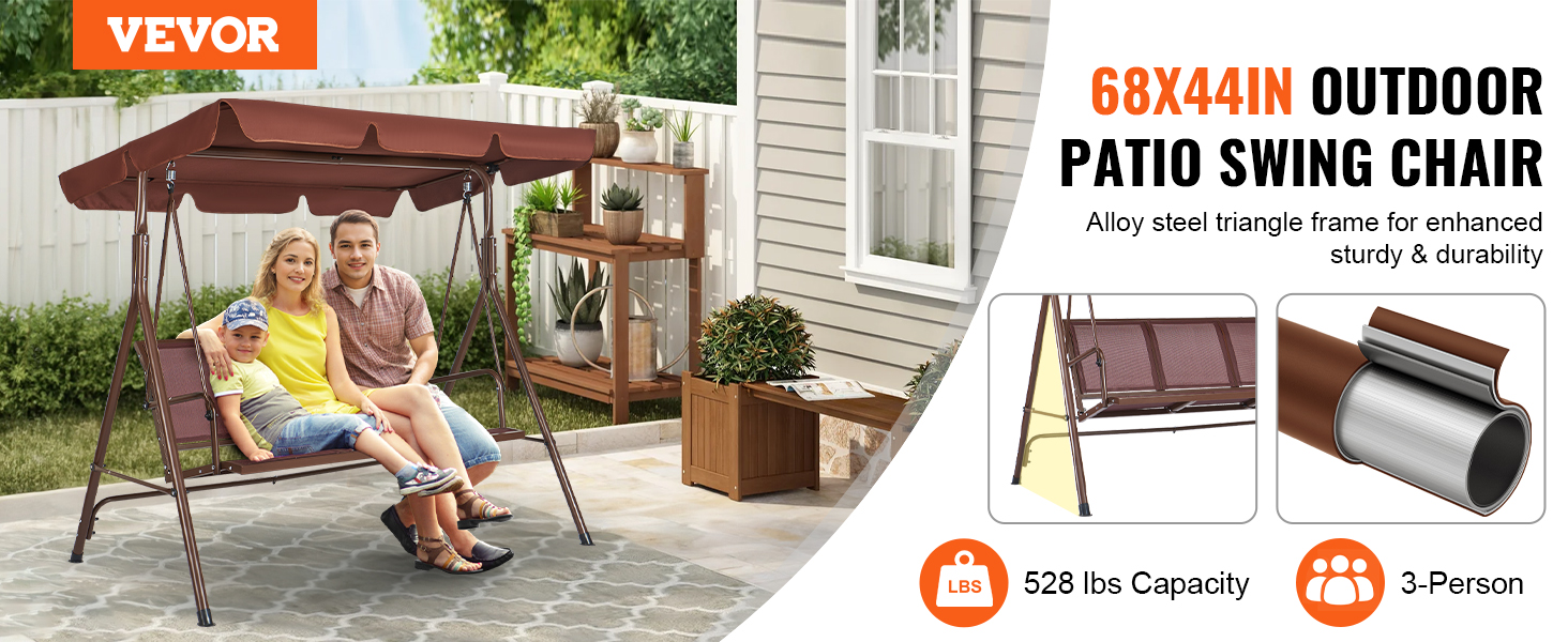 VEVOR patio swing chair for three people with canopy, 528 lbs capacity, steel frame, and brown color.