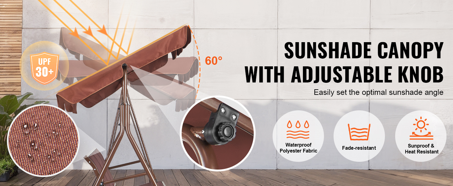 sunshade canopy with adjustable knob for VEVOR patio swing chair, waterproof polyester fabric, upf 30+.