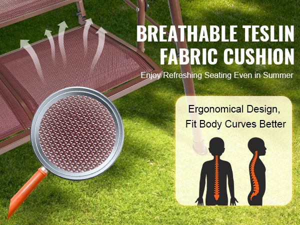 VEVOR patio swing chair with breathable teslin fabric, ergonomic design, and fade-resistant features.