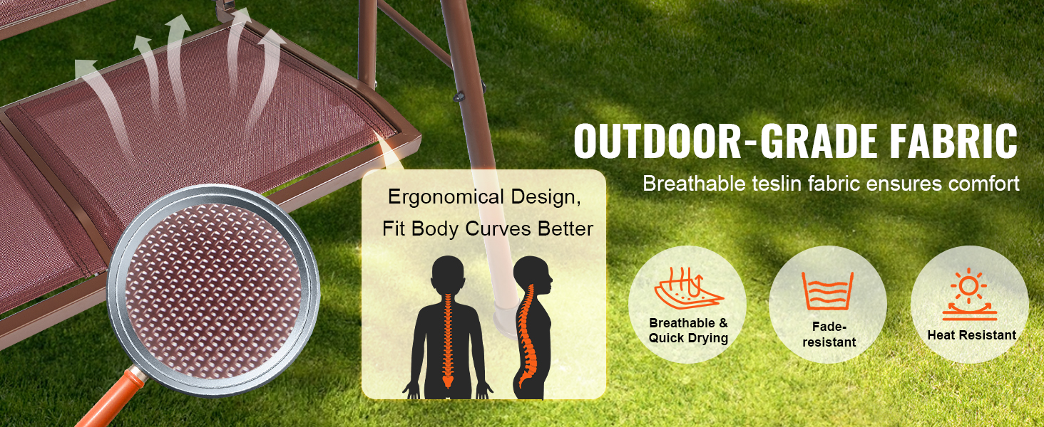 VEVOR patio swing chair with breathable teslin fabric, ergonomic design, and fade-resistant features.