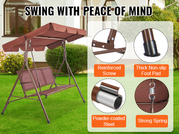 VEVOR patio swing chair with canopy, reinforced screw, non-slip foot pad, powder-coated steel, strong spring.