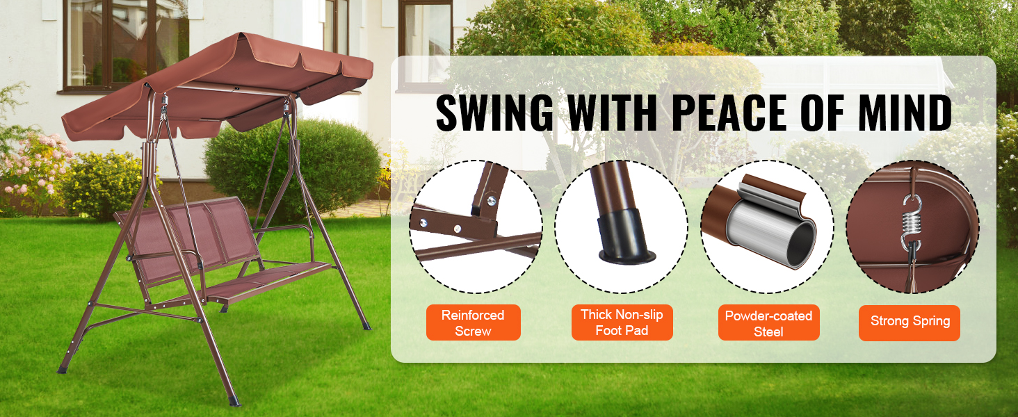 VEVOR patio swing chair with canopy, reinforced screw, non-slip foot pad, powder-coated steel, strong spring.