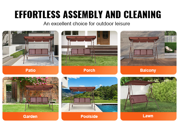 VEVOR patio swing chair: versatile for patio, porch, balcony, garden, poolside, and lawn setups.