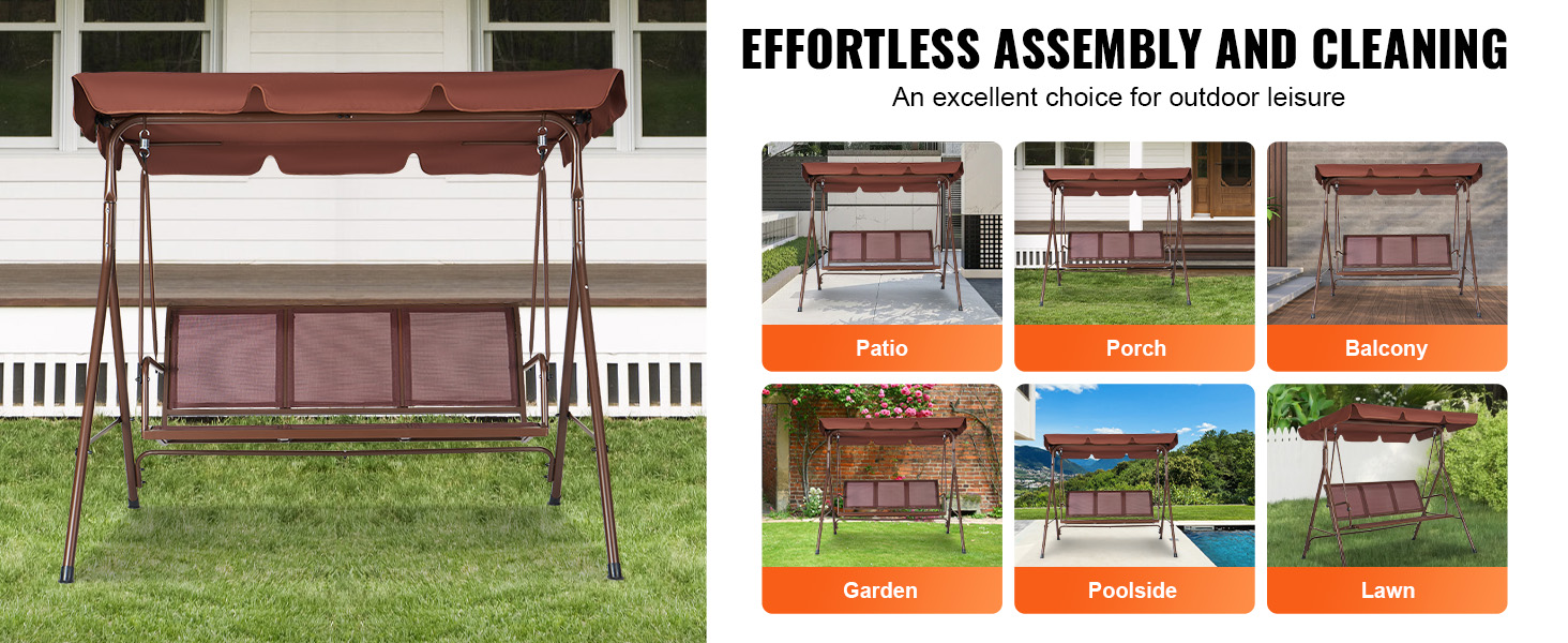 VEVOR patio swing chair: versatile for patio, porch, balcony, garden, poolside, and lawn setups.