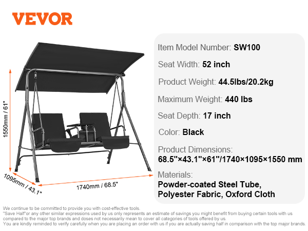 VEVOR patio swing chair in black with canopy, 52-inch seat width, 440 lbs weight capacity. model sw100.
