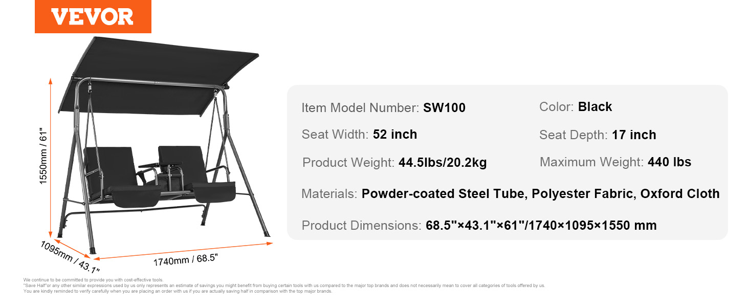 VEVOR patio swing chair in black with canopy, 52-inch seat width, 440 lbs weight capacity. model sw100.