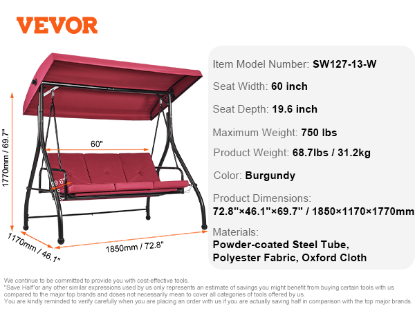 VEVOR patio swing chair, burgundy, 60-inch seat width, powder-coated steel frame, canopy shade.