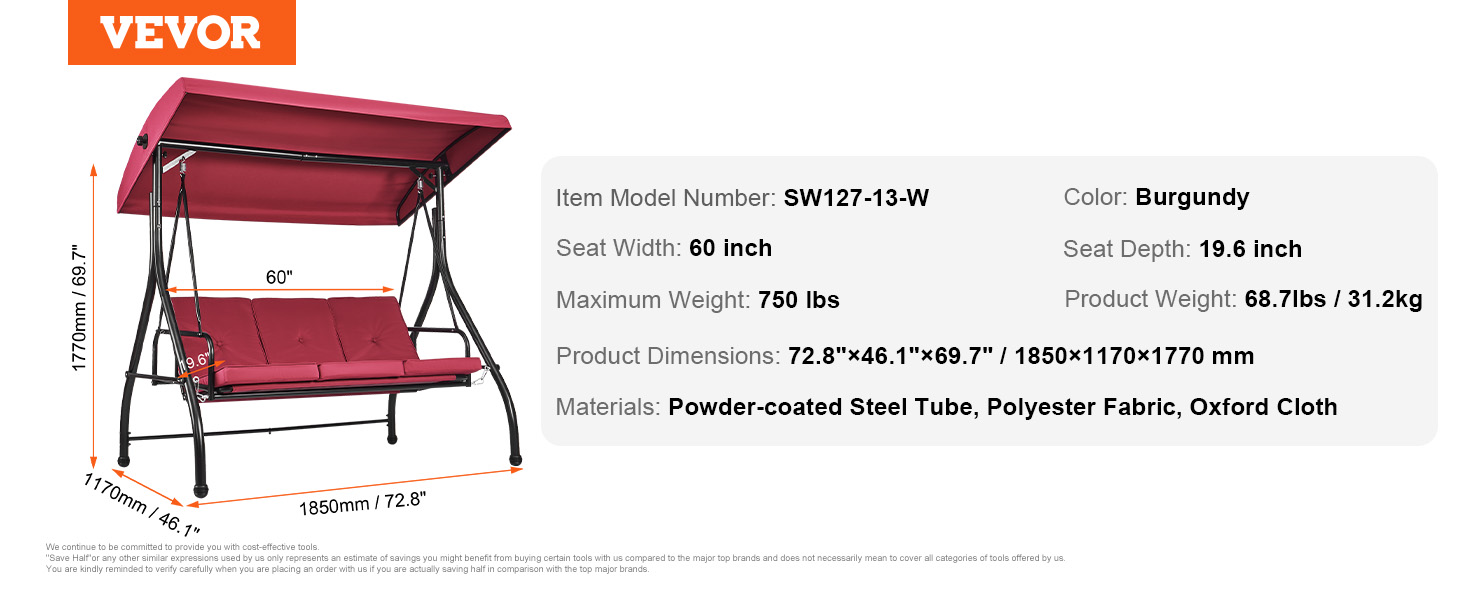 VEVOR patio swing chair, burgundy, 60-inch seat width, powder-coated steel frame, canopy shade.