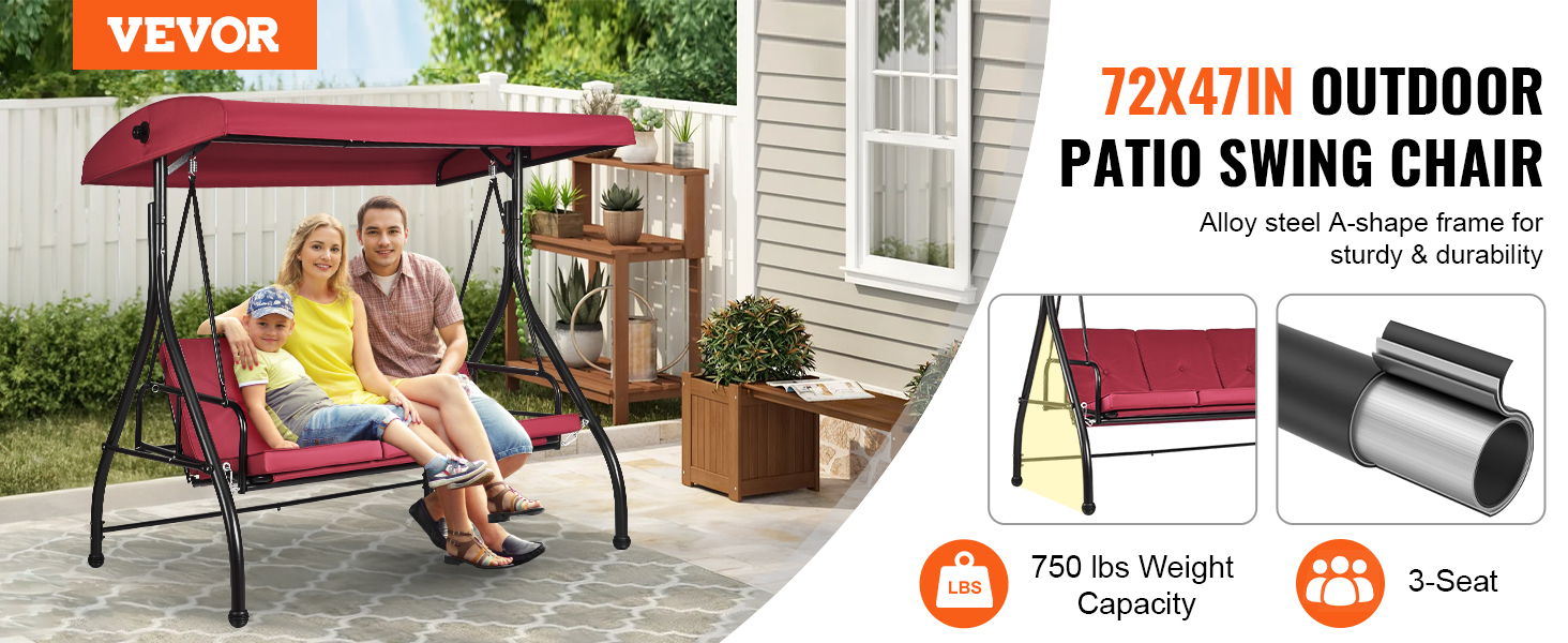 VEVOR patio swing chair with canopy seating three on a patio, alloy steel frame, 750 lbs weight capacity.