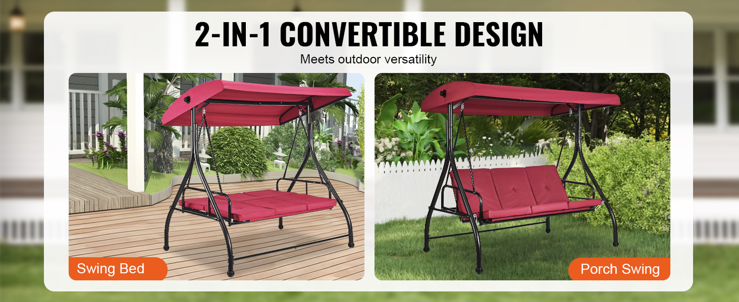 VEVOR patio swing chair in red, convertible to swing bed, displayed on porch and garden settings.