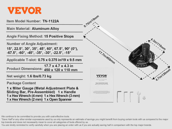 VEVOR precision miter gauge tn-1122a with angle settings, dimensions, and included tools displayed.