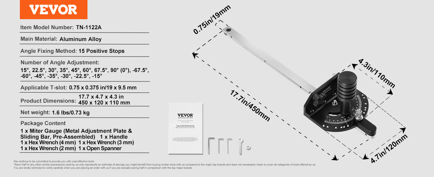 VEVOR precision miter gauge tn-1122a with angle settings, dimensions, and included tools displayed.