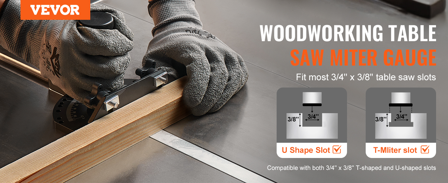 VEVOR precision miter gauge on a woodworking table with gloves. fits 3/4" x 3/8" table saw slots.