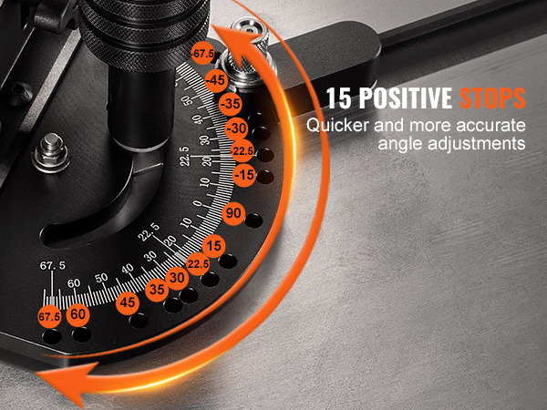VEVOR precision miter gauge with 15 positive stops for quick and accurate angle adjustments.