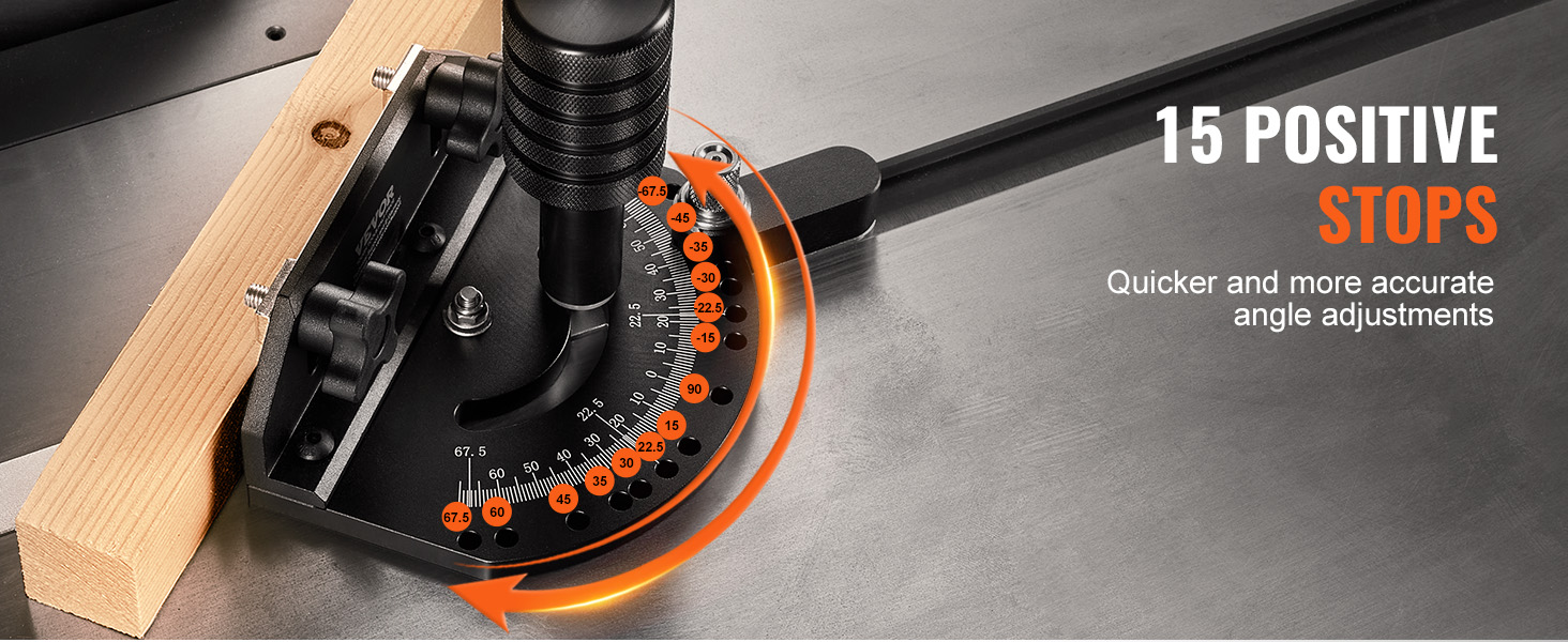 VEVOR precision miter gauge with 15 positive stops for quick and accurate angle adjustments.