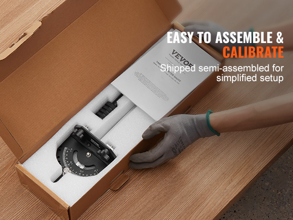 easy to assemble VEVOR precision miter gauge in protective packaging, ready for calibration.