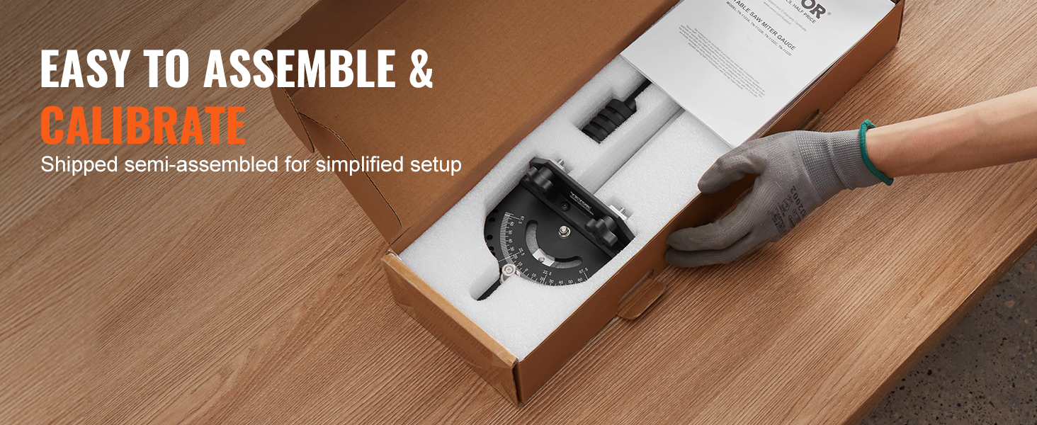 easy to assemble VEVOR precision miter gauge in protective packaging, ready for calibration.