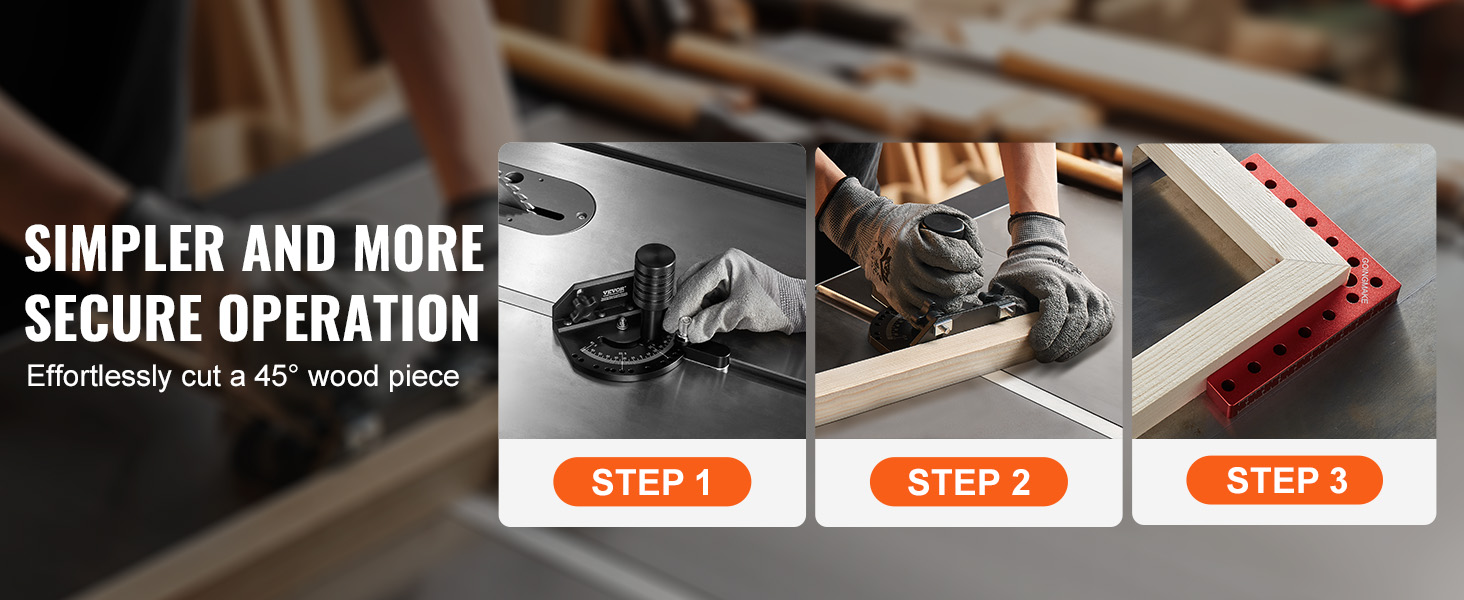 simpler and more secure operation with VEVOR precision miter gauge for 45-degree wood cuts. steps included.
