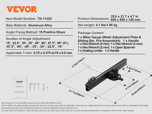 VEVOR table saw miter gauge with 15 positive stops, aluminum alloy, dimensions 650x550x120 mm.