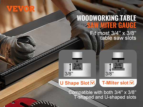 VEVOR table saw miter gauge on a woodworking table with u and t-shaped slot compatibility diagrams.