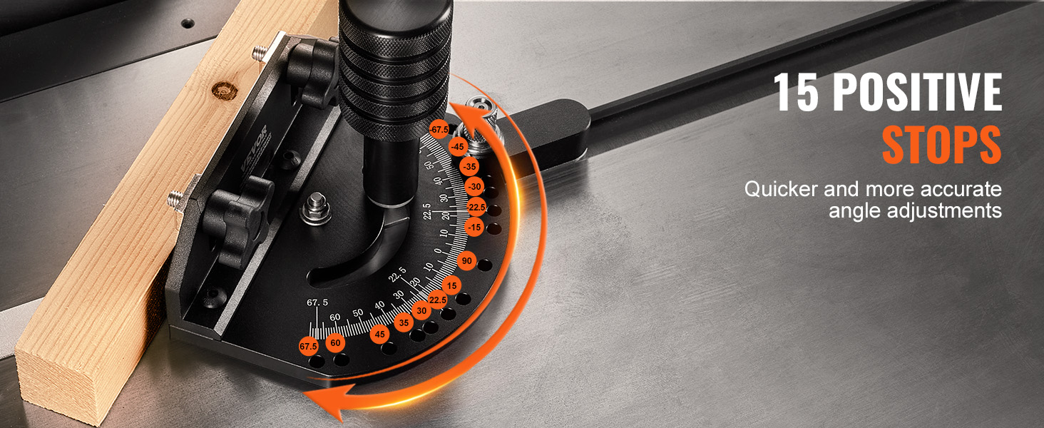 VEVOR table saw miter gauge with 15 positive stops for precise angle adjustments.