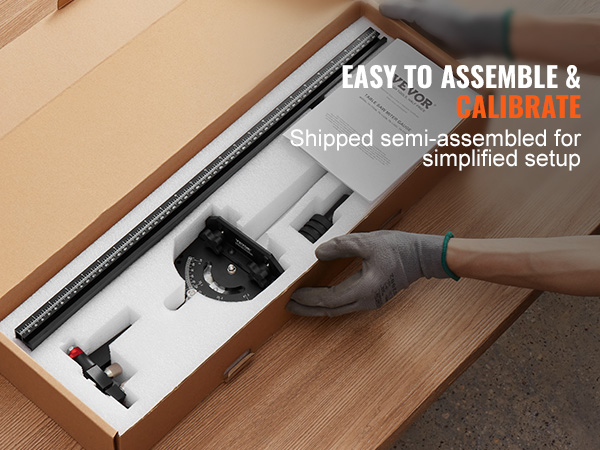 VEVOR table saw miter gauge in packaging, easy to assemble and calibrate, shipped semi-assembled.