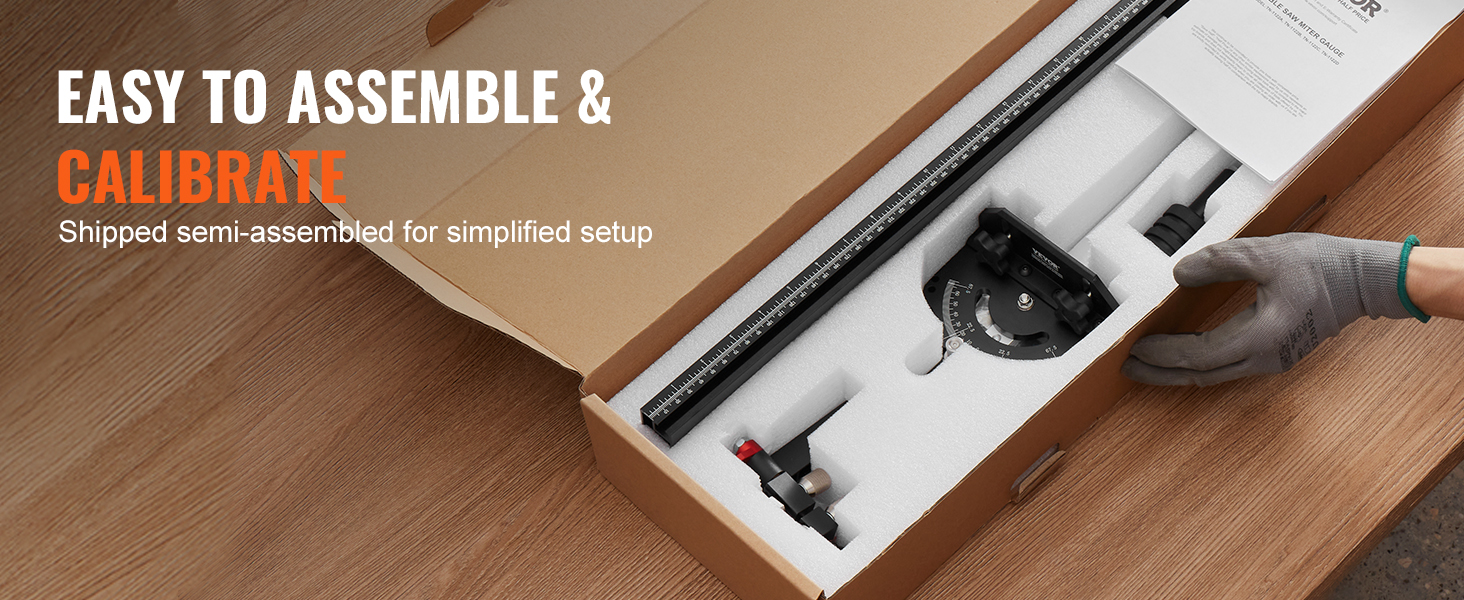VEVOR table saw miter gauge in packaging, easy to assemble and calibrate, shipped semi-assembled.
