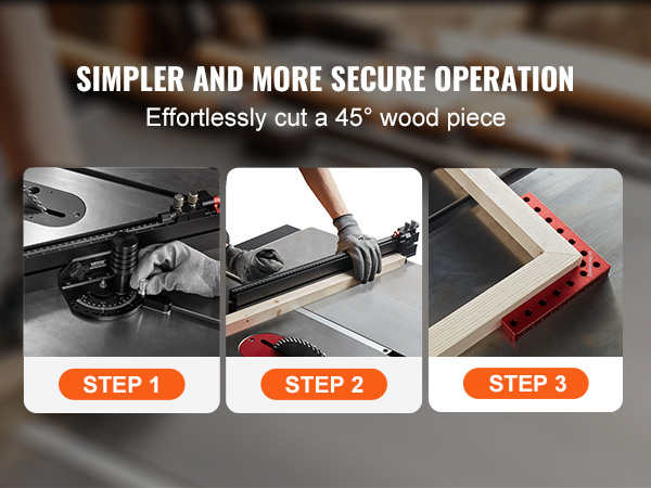 simpler operation with VEVOR table saw miter gauge; steps 1-3 to cut 45-degree wood pieces effortlessly.