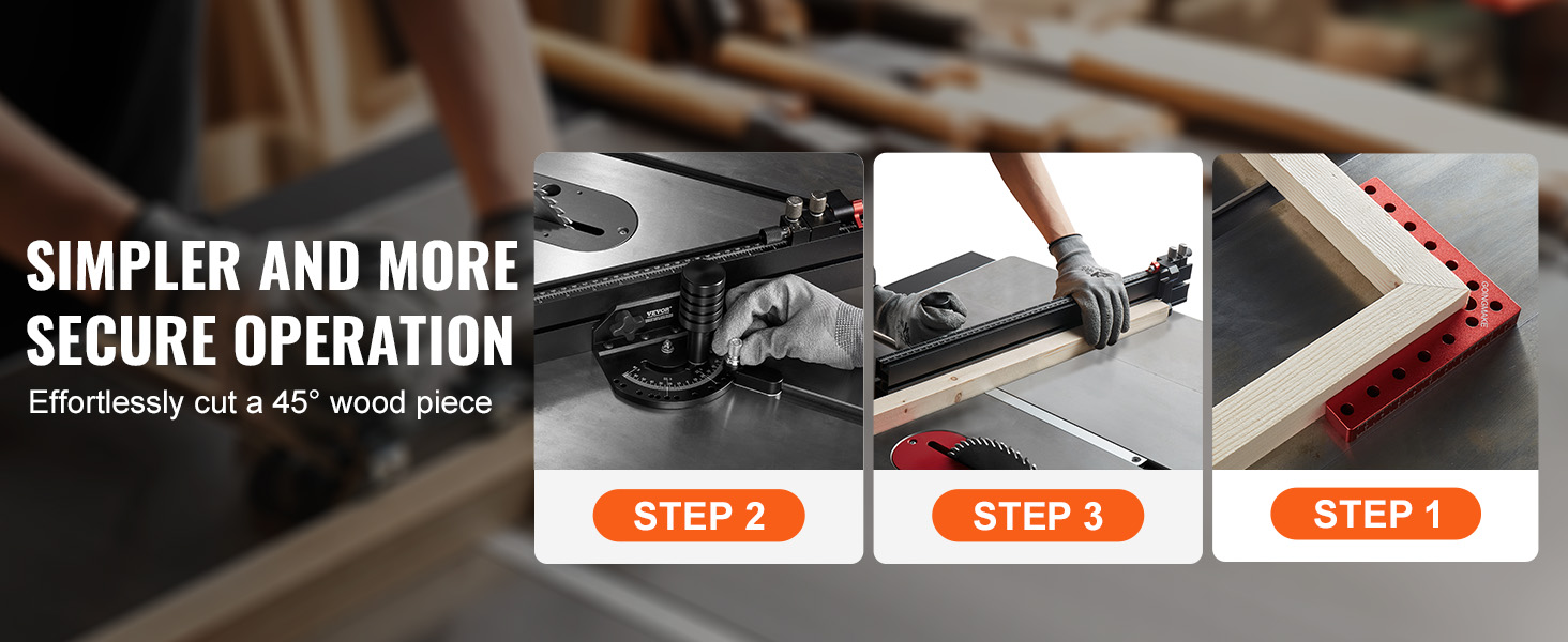 simpler operation with VEVOR table saw miter gauge; steps 1-3 to cut 45-degree wood pieces effortlessly.