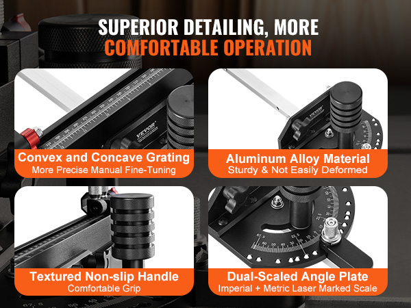 superior detailing VEVOR table saw miter gauge with convex grating, aluminum alloy, and textured handle.