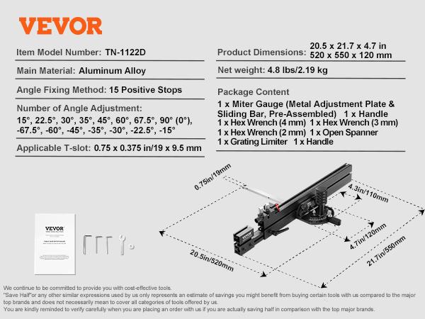 VEVOR miter gauge tn-1122d with aluminum alloy, 15 positive stops, 520x550x120mm dimensions, and tools.