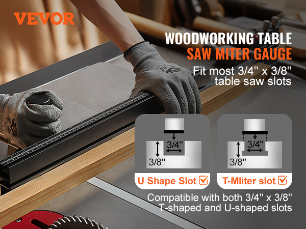 VEVOR miter gauge in use on a woodworking table, fitting 3/4" x 3/8" table saw slots.