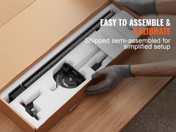 VEVOR miter gauge in box with foam insert and assembly instructions, easy to set up and calibrate.