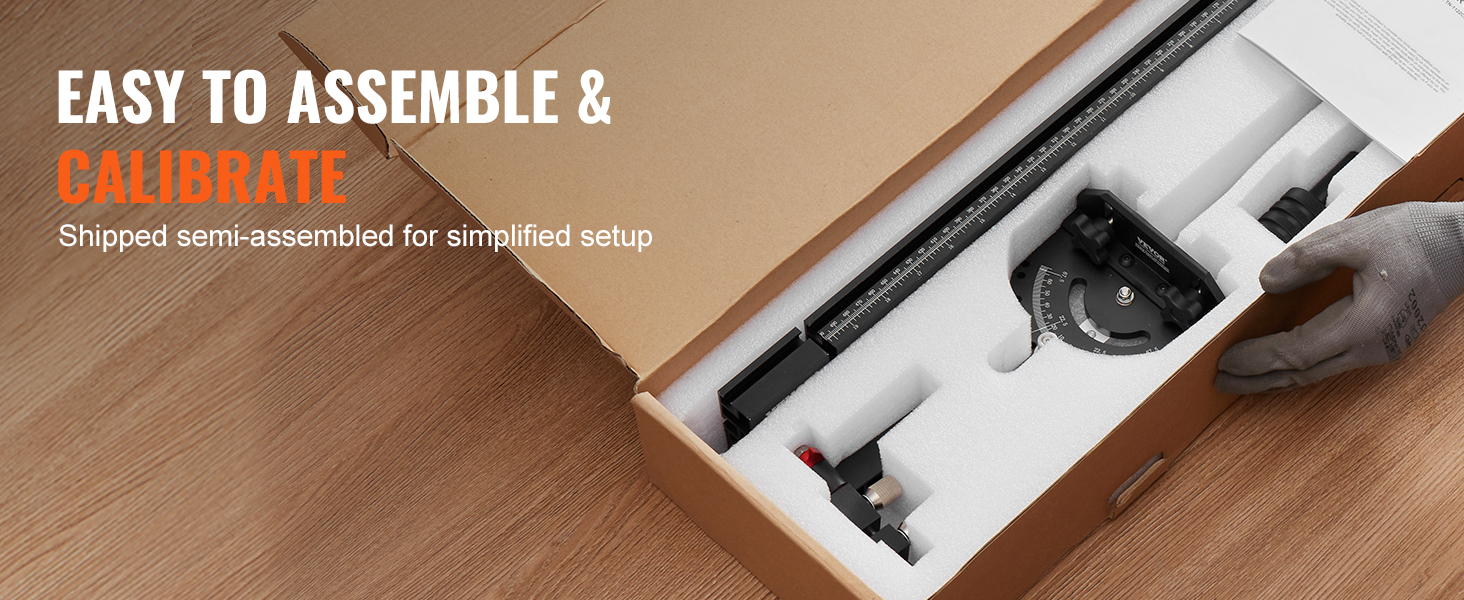 VEVOR miter gauge in box with foam insert and assembly instructions, easy to set up and calibrate.